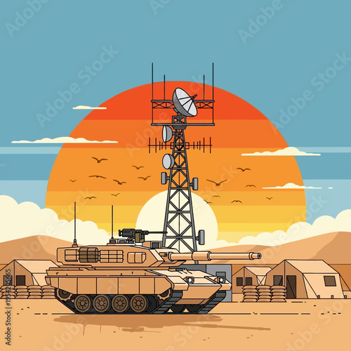 Desert Military Base with Tank, Communication Tower, and Tents at Sunset