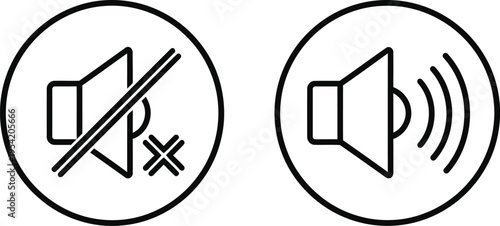 Black and white line art icons depicting muted sound and active sound settings for digital user interface Vector