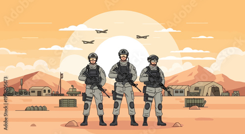 Desert Military Base with Soldiers and Jets at Sunset