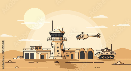 Desert Military Base with Control Tower, Helicopter, and Tank