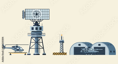 Military Air Base Radar Tower, Helicopter, Tank, and Hangars with Communication Tower
