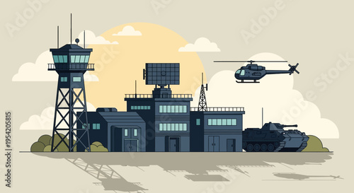 Military Air Base with Control Tower, Helicopter, and Tank
