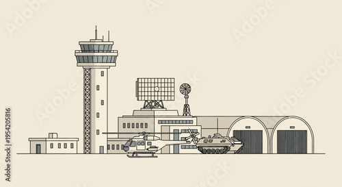 Military Air Base with Control Tower, Helicopter, Tank, and Hangars