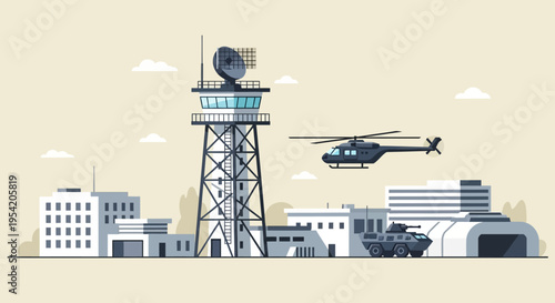 Military Air Base with Control Tower, Helicopter, Armored Vehicle, and Buildings