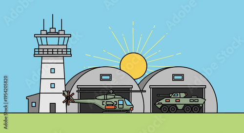 Military Air Base Scene with Helicopter, Tank, Hangar, and Control Tower