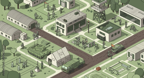 Isometric Military Base with Tanks, Trucks, and Soldiers