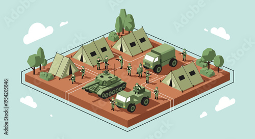 Isometric Military Camp with Tanks, Trucks, Tents, and Soldiers