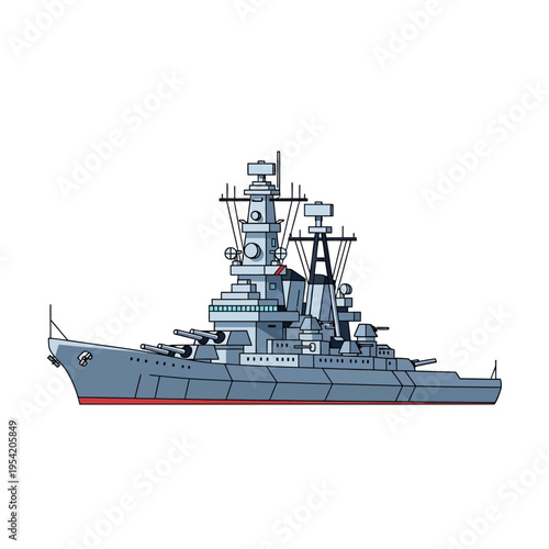 Illustration of a vintage battleship, a powerful warship with turrets and cannons, isolated on white.