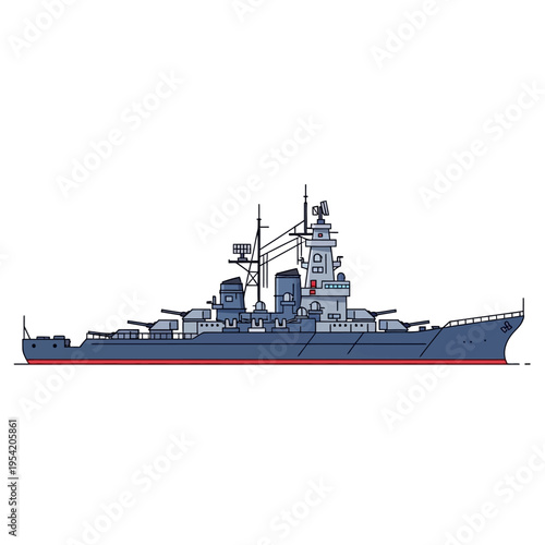 Illustration of a powerful blue battleship with gun turrets and radar, isolated on white background
