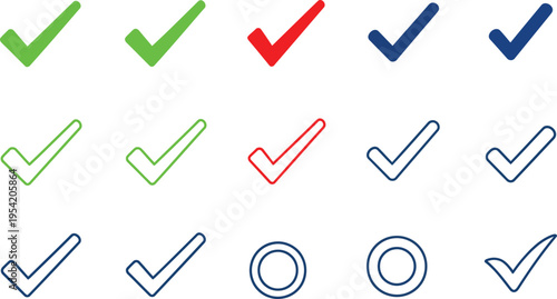 A collection of various check mark and circle icons displayed on a clean white background surface Vector