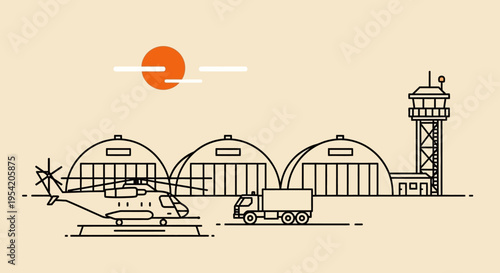 Helicopter and Truck at Airport Hangars with Control Tower and Sun