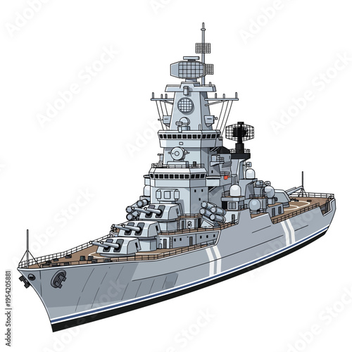 Illustration of a large gray battleship with multiple turrets and a tall superstructure, isolated on white background