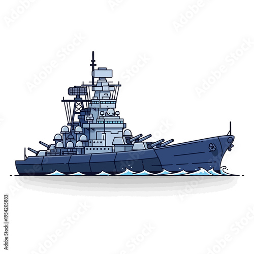 Illustration of a blue battleship sailing on the sea, side view, cartoon style