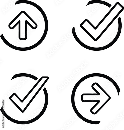 A collection of four simple black line icons featuring arrows and checkmarks inside circular frames Vector