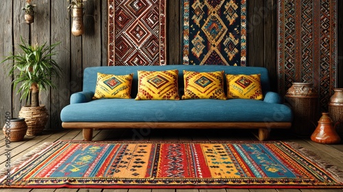 Boho living room showcases vibrant textiles and natural elements.