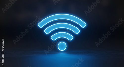 Glowing blue wi fi symbol on dark background with neon light effect and connectivity concept