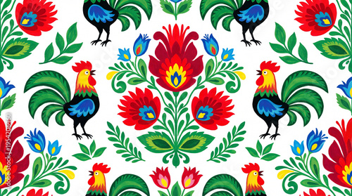 Traditional Polish Folk Art Seamless Pattern, Łowicz Floral Motifs with Rooster and Flowers, Vibrant Ethnic Print, Hand-Painted Style