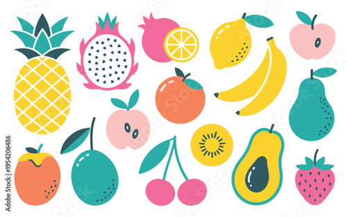 Colorful flat lay tropical fruits collection illustration vector set summer fresh healthy food design elements
