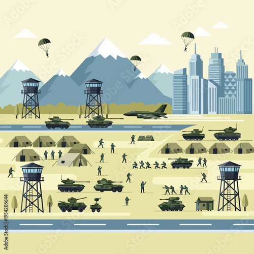 Military Base Camp with Tanks, Soldiers, Helicopters, and City Skyline