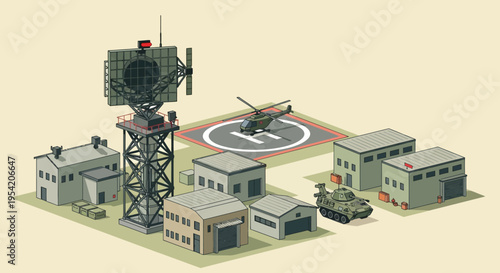 Military base isometric illustration: radar, helicopter, tank, buildings, helipad