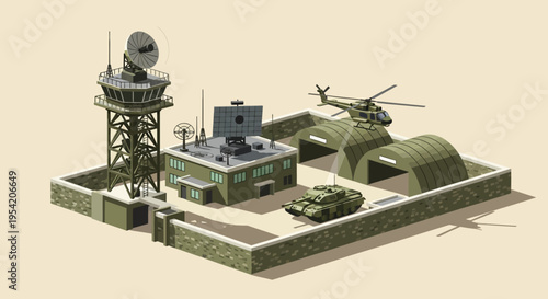 Military base with control tower, hangars, helicopter, and tank