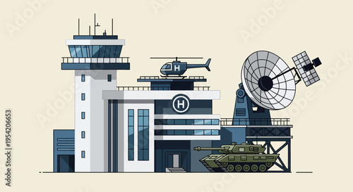 Military Base with Control Tower, Radar, Helicopter, and Tank