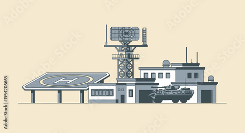 Military base with helicopter pad, radar tower, and armored vehicle