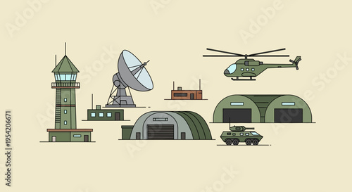 Military Base Scene: Helicopter, Tank, Hangar, Control Tower, Radar Dish