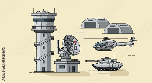 Military base illustration: control tower, radar, helicopter, tank, and hangars