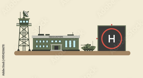 Military base with headquarters, control tower, tank, and helipad.