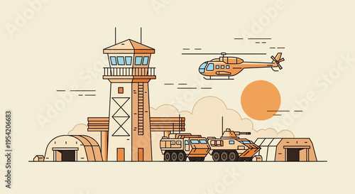 Military base with helicopter, armored vehicles, control tower, and hangars