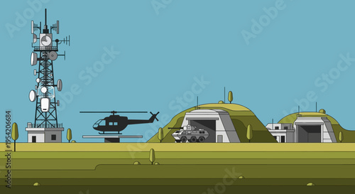 Military base with helicopter, communication tower, and bunker with tanks