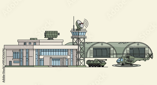 Military base with helicopter, tank, control tower, and hangar. Airfield illustration.