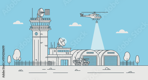 Military Air Traffic Control Tower, Helicopter, Hangar, and Tank in a Line Art Style