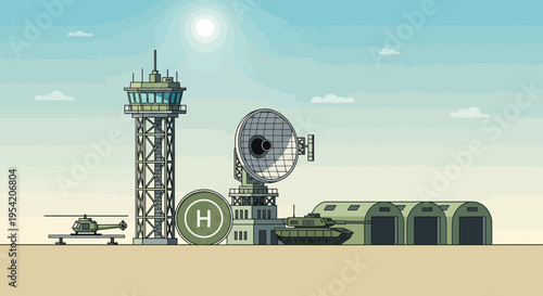 Military airbase with control tower, radar, helicopter, tank, and hangars
