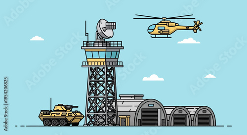 Military Airbase with Control Tower, Tank, Helicopter, and Hangars