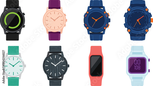 Modern Wristwatch and Smartwatch Vector Icon Set Featuring Analog Classic Styles, Digital Fitness Trackers, and Sports Chronographs for Lifestyle, Fashion, and Technology Designs