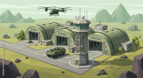 Military Airbase with Helicopter and Armored Vehicle, Hangar, Control Tower