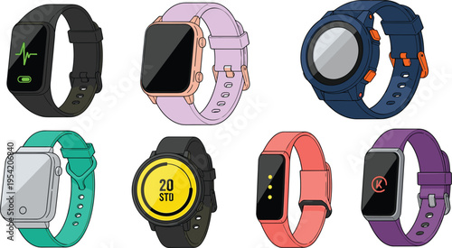 Modern Smartwatch and Fitness Tracker Vector Icon Set Featuring Wearable Health Monitors with Heart Rate Sensors and Digital Touch Screens for Technology and Wellness Designs