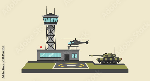 Military Airbase with Helicopter, Tank, and Control Tower - Vector Illustration