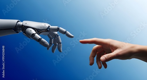 Robotic hand reaching towards human hand against blue sky fordescription