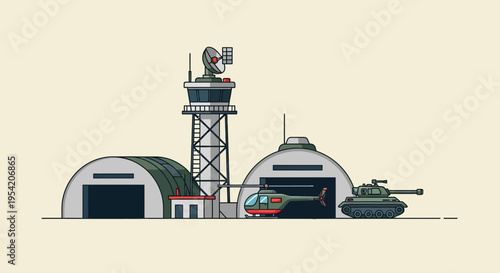 Military Airbase with Helicopter, Tank, and Control Tower