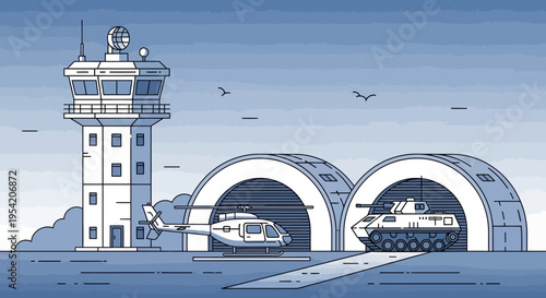 Military Airbase with Helicopter, Tank, Control Tower and Hangars - Illustration