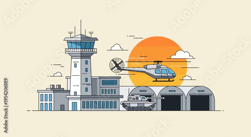 Military Airbase with Helicopter, Tank, Control Tower and Hangars at Sunset