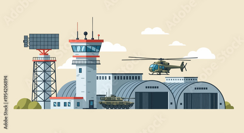 Military Airbase with Helicopter, Tank, Control Tower, and Hangar