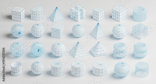 Collection of Abstract Geometric Shapes in White and Light Blue.