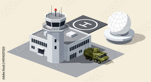 Military airport control tower with helicopter pad, armored vehicle, and radar dome