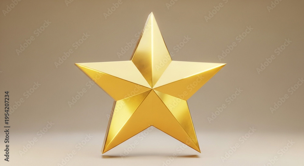 Fototapeta premium Golden 3d star shape with shiny surface on beige background symbolizing excellence and achievement