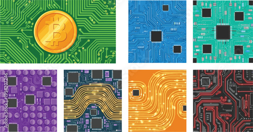 Circuit Board and Motherboard Vector Set Featuring Bitcoin Cryptocurrency Coin on Green Background with Colorful Electronic Microchip Patterns for Technology and Blockchain Design