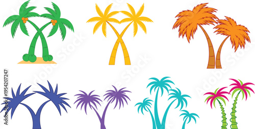 Colorful Palm Tree Silhouette Vector Set Featuring Crossed Trunks and Vibrant Tropical Coconut Trees for Summer Vacation Branding, Beach Posters, and Exotic Island Designs